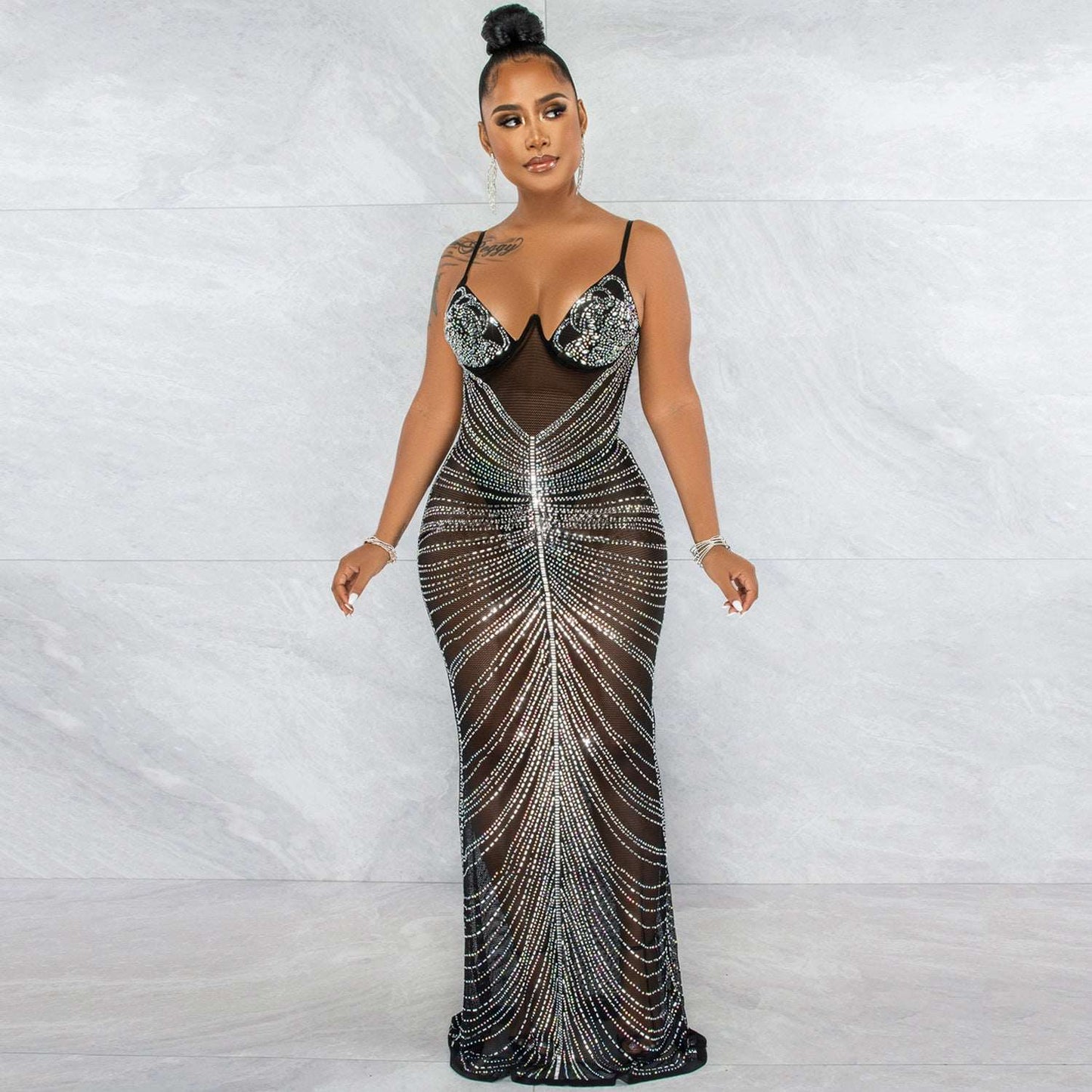 Glam Sheer Rhinestone Maxi Dress Spaghetti