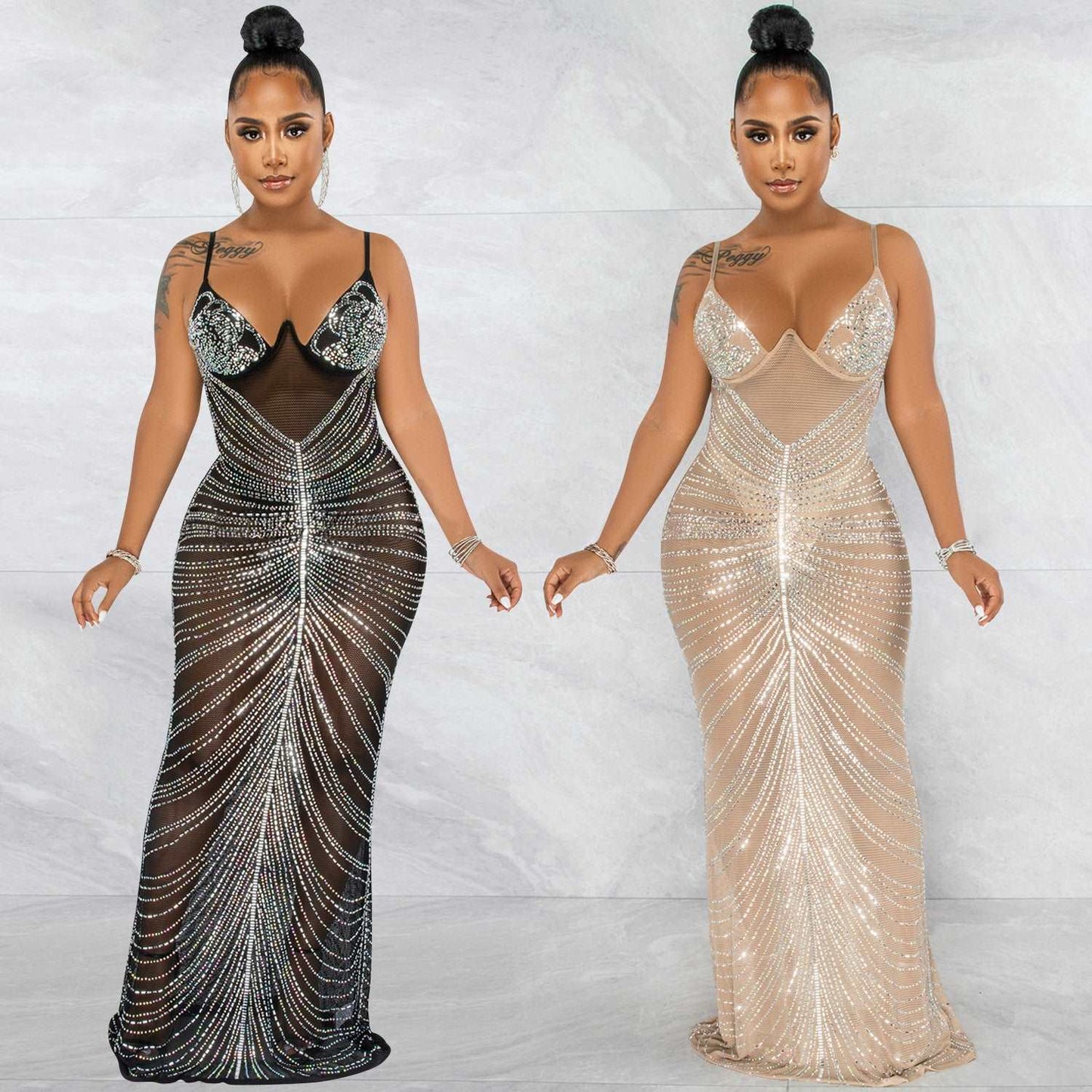 Glam Sheer Rhinestone Maxi Dress Spaghetti