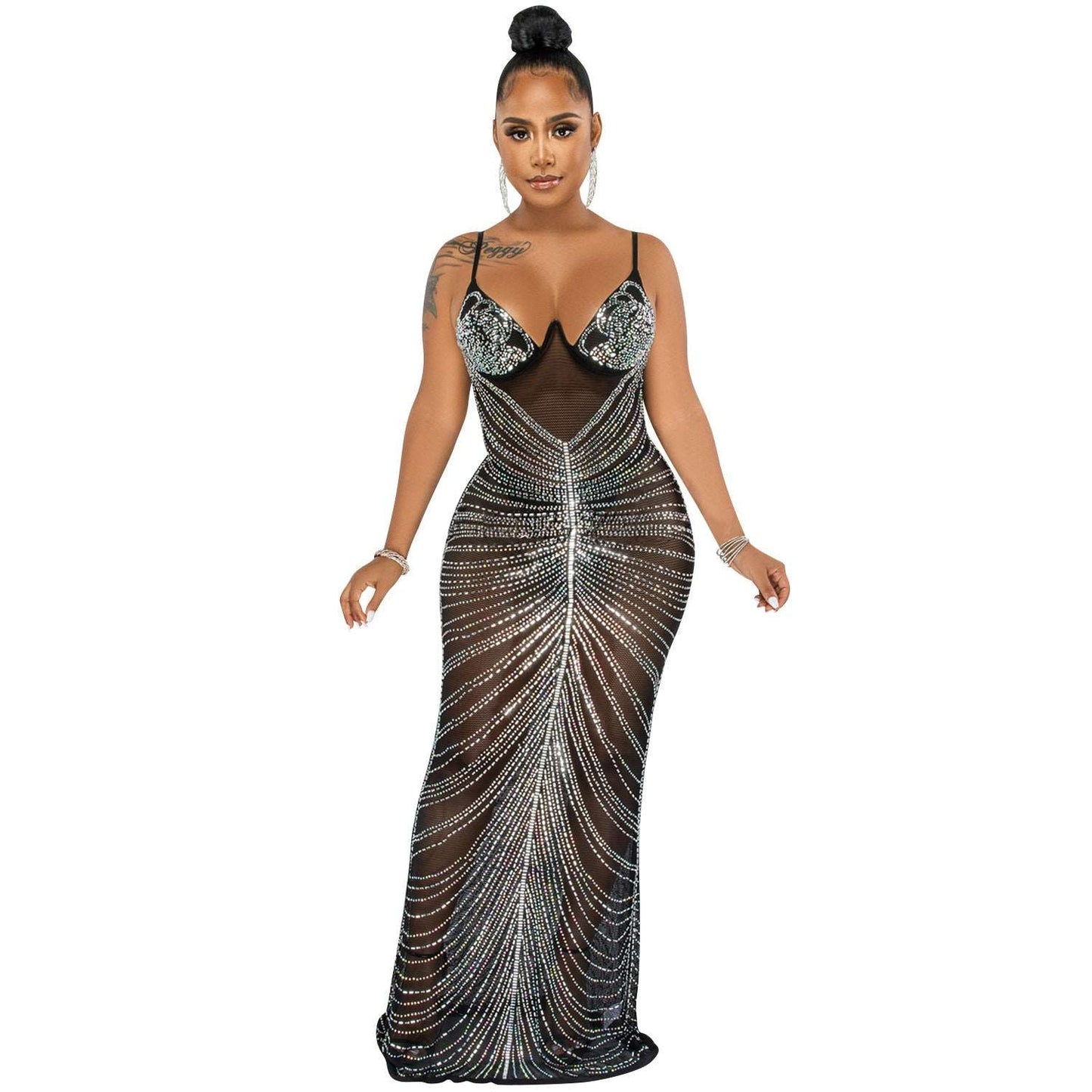 Glam Sheer Rhinestone Maxi Dress Spaghetti