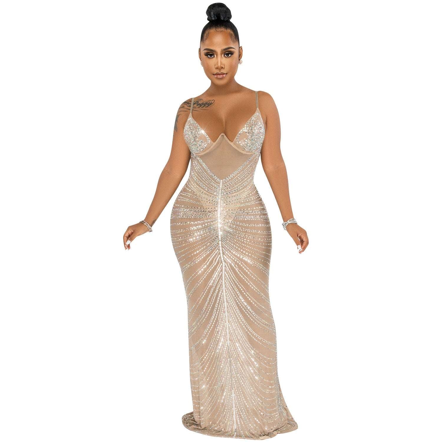 Glam Sheer Rhinestone Maxi Dress Spaghetti