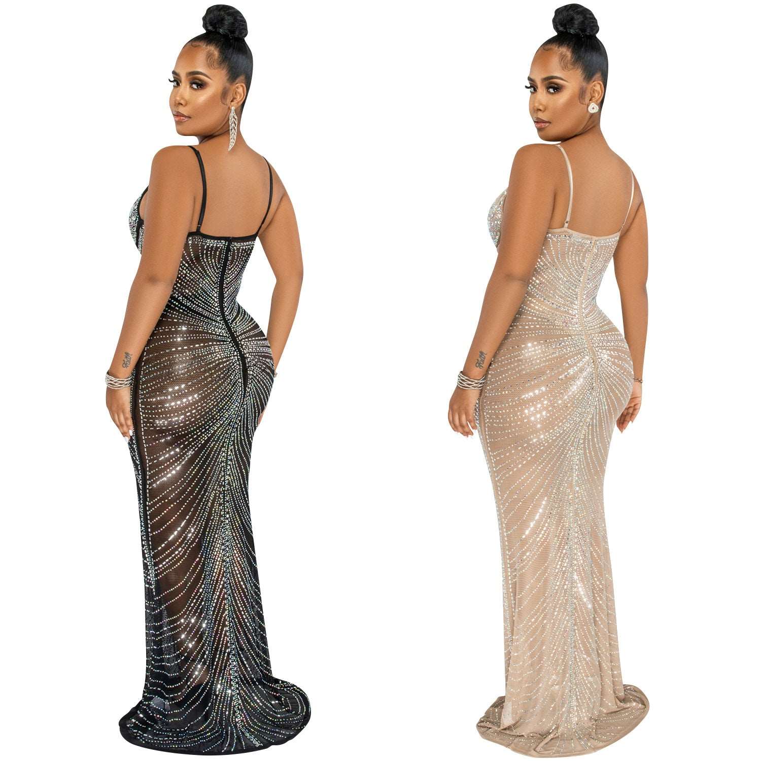 Glam Sheer Rhinestone Maxi Dress Spaghetti