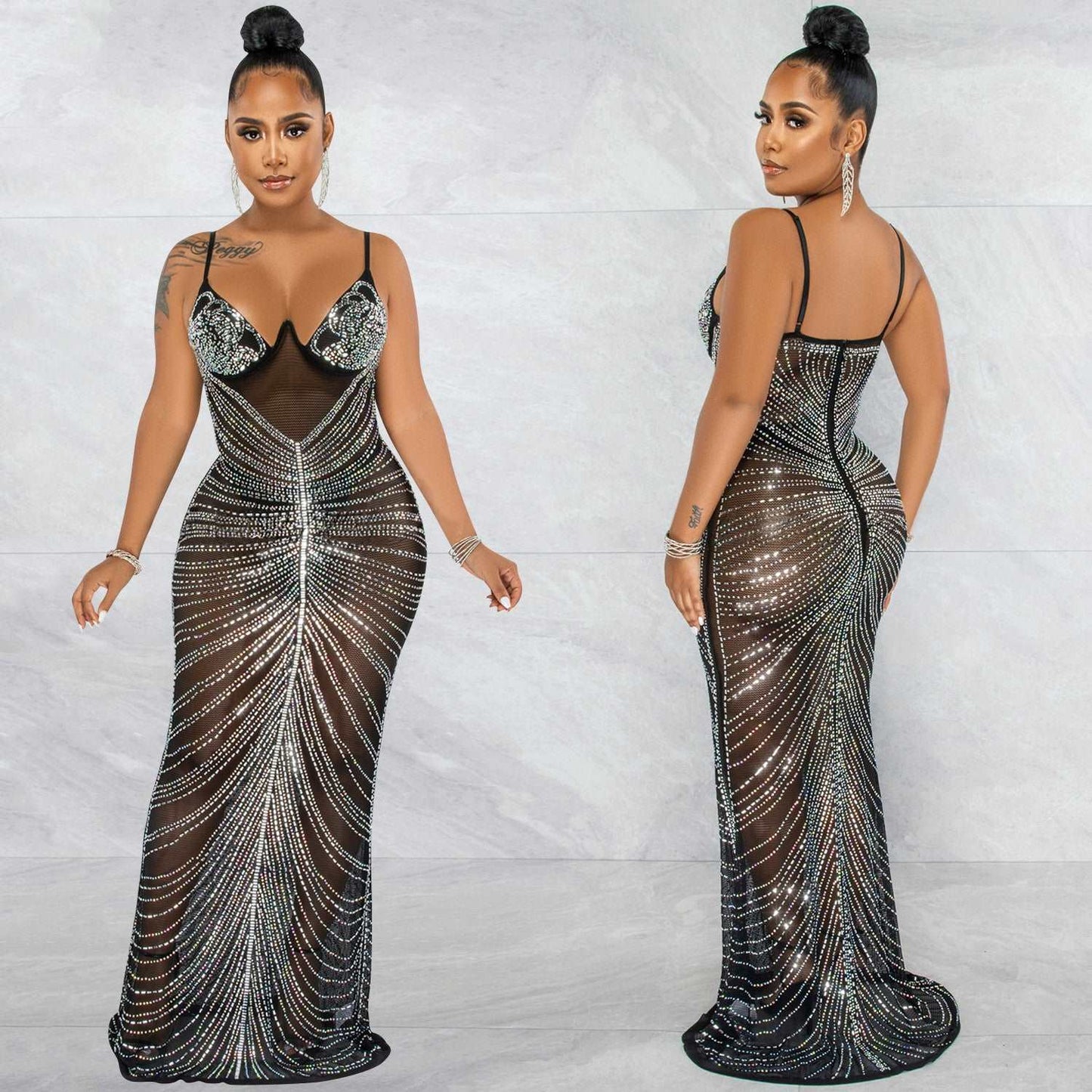 Glam Sheer Rhinestone Maxi Dress Spaghetti