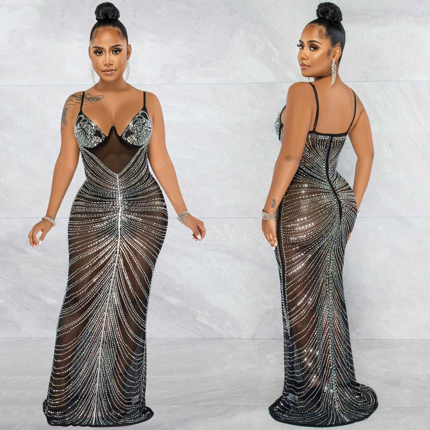 Glam Sheer Rhinestone Maxi Dress Spaghetti